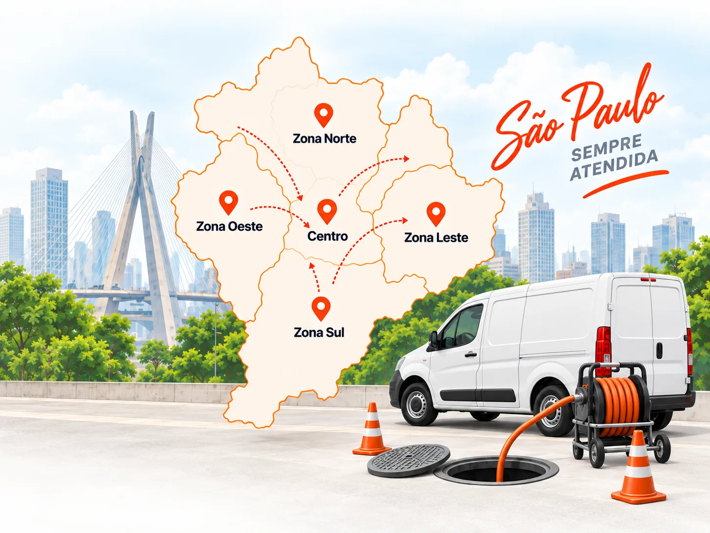 Mapa de São Paulo com as cinco regiões atendidas e a van da Desentupidora Rápido a caminho do chamado